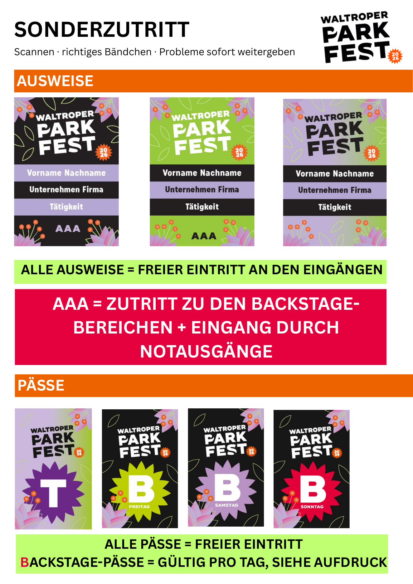 Original-Infosheet: Ausweise, AAA und Backstage-Pässe